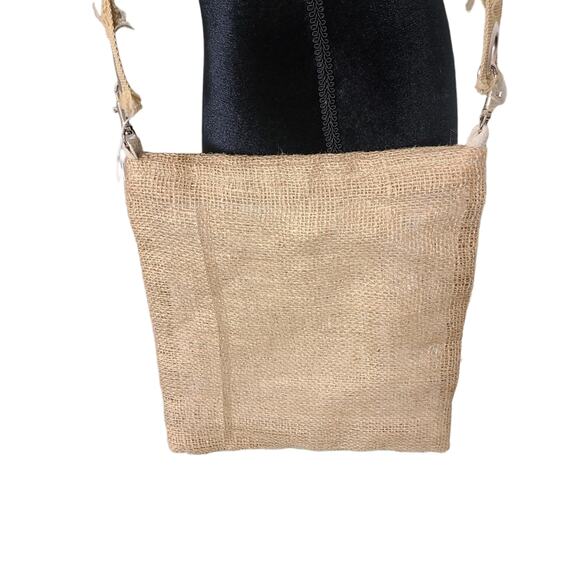 Burlap Wide Crossbody Silver Tone Grommets  Large Fabric Flower Purse Bag Boho - Picture 10 of 13